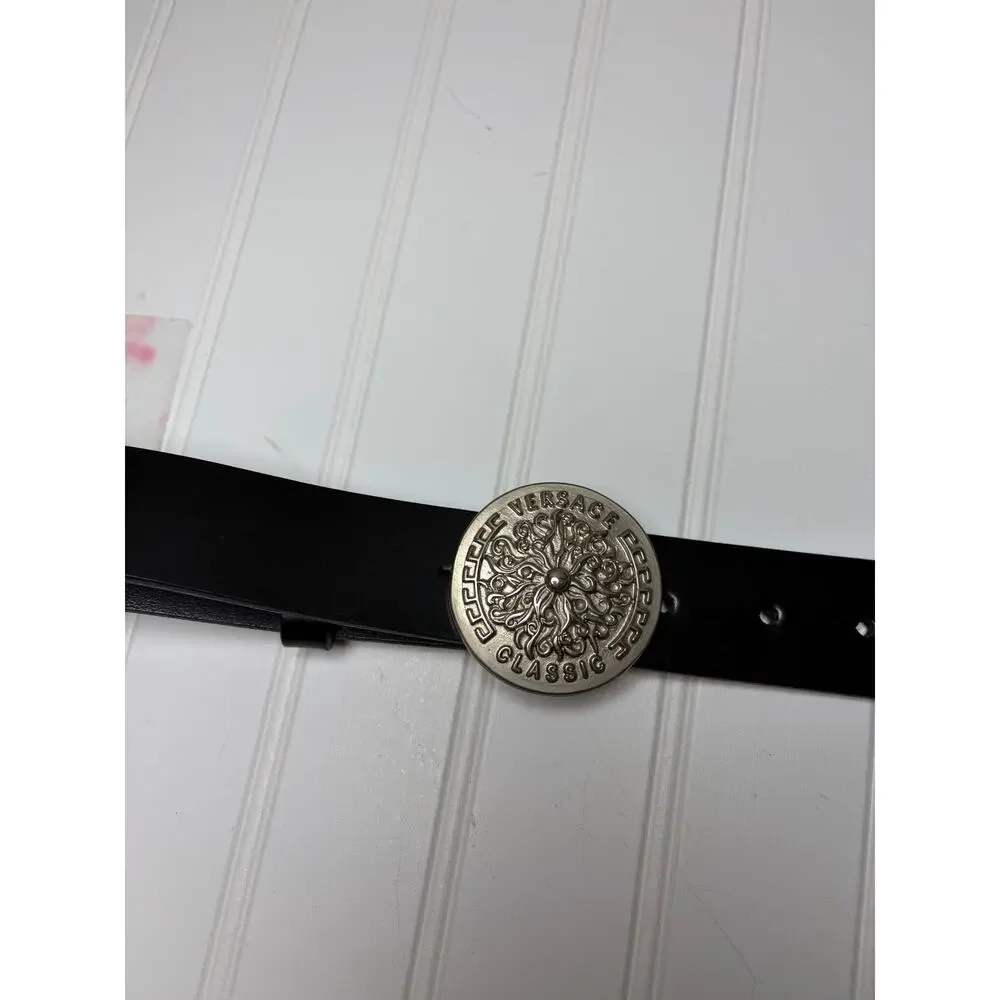 Vintage 1990’s Versace Classic V2 Silver Belt Buckle Italian Black Leather Strap